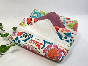 2 Cotton dispenser boxes in a brightly coloured pattern with Pink or White cotton handkerchiefs 