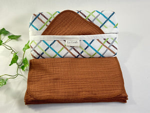 Cotton dispenser box in Ropes pattern with 12  Cinnamon cotton handkerchiefs folded inside