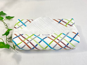 Cotton dispenser box in Ropes pattern with 12 White cotton handkerchiefs folded inside