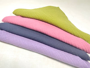 4 handkerchiefs folded in half in Green, Pink, Lilac and Grey colours