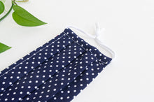 Charger l&#39;image dans la galerie, Closeup of One face mask pleated, Navy ground with White Polka Dots
