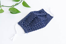 Load image into Gallery viewer, One face mask pleated, Navy ground with White Polka Dots, expanded to show dimensions
