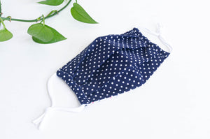 One face mask pleated, Navy ground with White Polka Dots, expanded to show dimensions