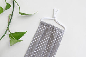 Close up of Cotton cloth face mask, White Polka Dots on Grey ground