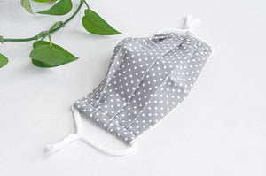 One face mask pleated, Grey ground with White Polka Dots, expanded to show dimensions