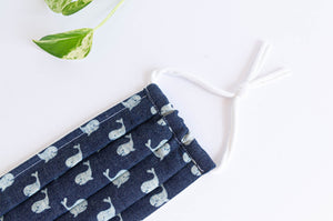 Close up of Cotton cloth face mask, Denim with Whale printed pattern