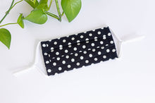 Load image into Gallery viewer, Pleated Cotton cloth face mask, White Polka Dots on Black Ground
