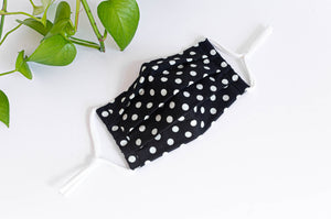 Pleated Cotton cloth face mask, White Polka Dots on Black Ground