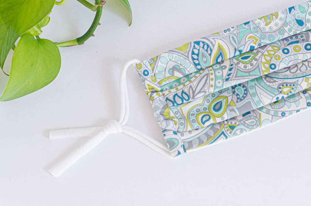 Close Up of Cotton cloth face mask, Light Green Paisley