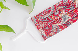 Close Up of Cotton cloth face mask, Red Paisley