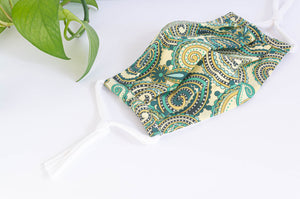 Expanded Cotton cloth face mask, Green Paisley pattern 