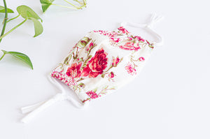 Opened Cotton cloth face mask, Pink Flowers pattern on Ivory ground