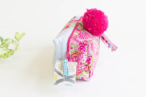 Cotton cloth makeup bag with a Pink Paisley pattern and a big Pink fluffy pompon.