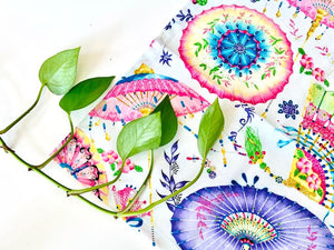 Closeup of a napkin with Japanese Umbrellas pattern on White ground
