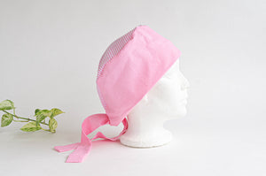 Right Side view of Scrub hat Small White Dots on Pink and Pink Stripes on top part