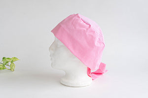 Side view of Cotton Cloth Scrub Hat, Pink Stripes & Dots pattern