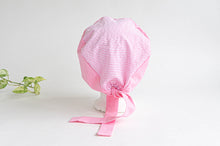Load image into Gallery viewer, Back Side view of Scrub hat Small White Dots on Pink and Pink Stripes on top part
