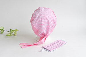 Rear View Cotton Cloth Scrub Hat, Pink Stripes & Dots pattern with Matching Pink Stripes Face Mask