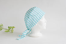 Load image into Gallery viewer, Right Side view of scrub hat with Aqua Stripes on White
