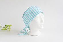 Load image into Gallery viewer, Right Side view of scrub hat with Aqua Stripes on White
