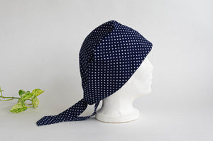 Right Side view of Scrub hat White Polka Dots on Navy