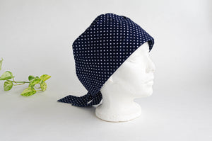 Right Side view of Scrub hat White Polka Dots on Navy