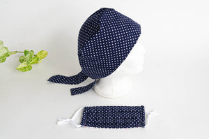 Women Scrub hat , Navy Ground with White Polka Dots pattern and a matching Face Mask