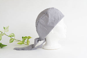 Right Side view of Scrub hat White Polka Dots on Grey