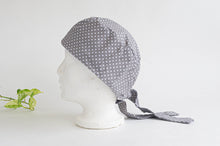 Load image into Gallery viewer, Left Side view of Scrub hat White Polka Dots on Grey
