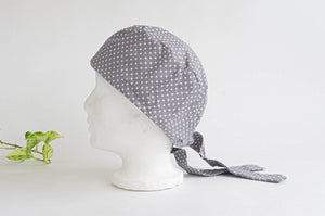 Left Side view of Scrub hat White Polka Dots on Grey