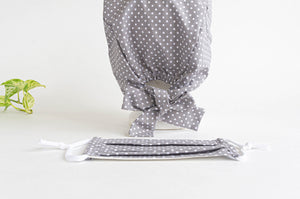 Women Scrub hat , Grey Ground with White Polka Dots pattern, and one Matching Face Mask
