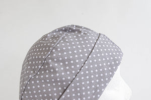 Close up of Scrub hat White Polka Dots on Grey