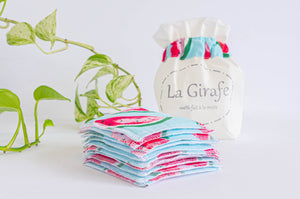 Set of 10 cloth pads with watermelon pattern with an Ivory cotton pouch