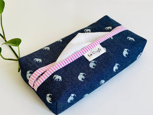 1 dispenser box in Denim with Elephant pattern and a Pink Stripes print