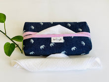 Load image into Gallery viewer, 1 dispenser box in Denim with Elephant pattern and a Pink Stripes print with White handkerchiefs
