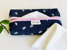 Load image into Gallery viewer, 1 dispenser box in Denim with Elephant pattern and a Pink Stripes print with White handkerchiefs
