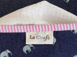 Closeup of a dispenser box in Denim with Elephant pattern and a Pink Stripes print