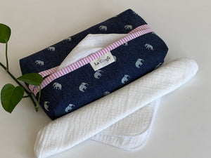 1 dispenser box in Denim with Elephant pattern and a Pink Stripes print with White handkerchiefs