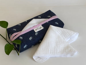 1 dispenser box in Denim with Elephant pattern and a Pink Stripes print with White handkerchiefs
