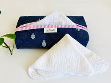 Load image into Gallery viewer, Denim with Cactus pattern box dispenser with Pink trim and with White cotton handkerchiefs
