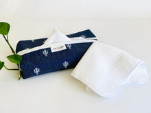 Load image into Gallery viewer, Denim with Cactus pattern box dispenser with White trim and with White cotton handkerchiefs
