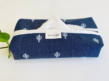 Load image into Gallery viewer, Denim with Cactus pattern box dispenser with White trim
