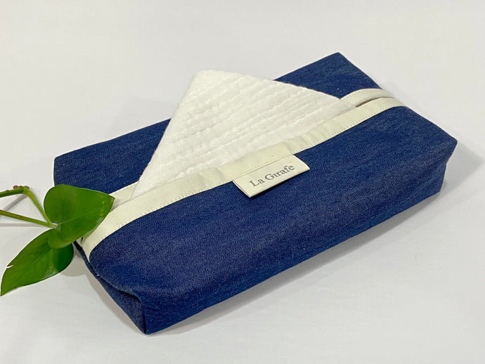 White Cotton handkerchiefs with Blue Denim box dispenser