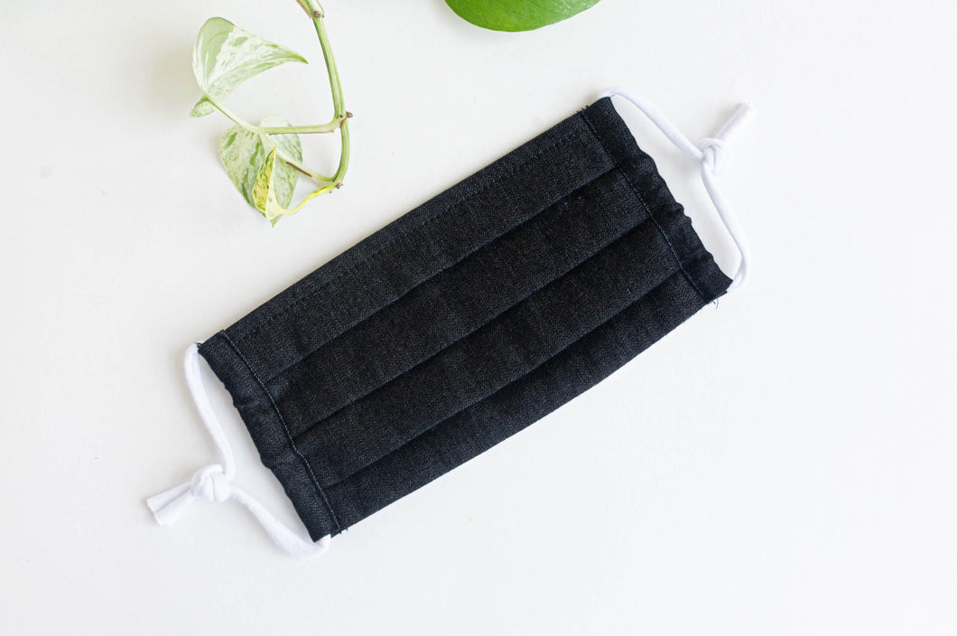 Cotton cloth pleated face mask in Black Denim fabric