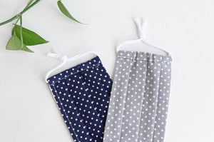 Two face face masks, one Navy ground and White Polka Dots, one Grey grey ground and White Polka Dots