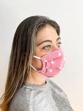 Load image into Gallery viewer, Woman wearing a face mask with White Flamingo printed on Pink Ground
