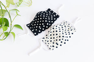  Two opened face masks coton cloth Polka dots on white ground and on black ground