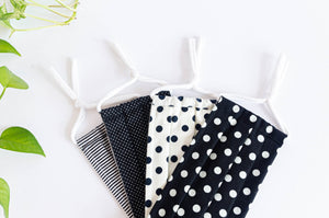 Four cotton cloth face masks, Black and White Polka Dots and Stripes patterns