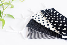 Load image into Gallery viewer, Four cotton cloth face masks, Black and White Polka Dots and Stripes patterns
