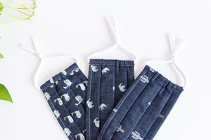 Three cotton cloth face masks, Denim with Elephant, Whale and Cactus printed patterns